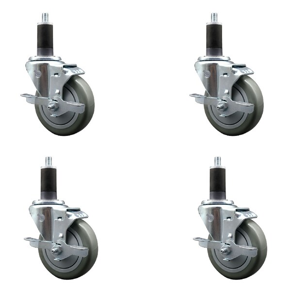 Service Caster 4'' SS Gray Poly Swivel 1-1/4'' Expanding Stem Caster Set with Brake, 4PK SCC-SSEX20S414-PPUB-TLB-114-4 - main